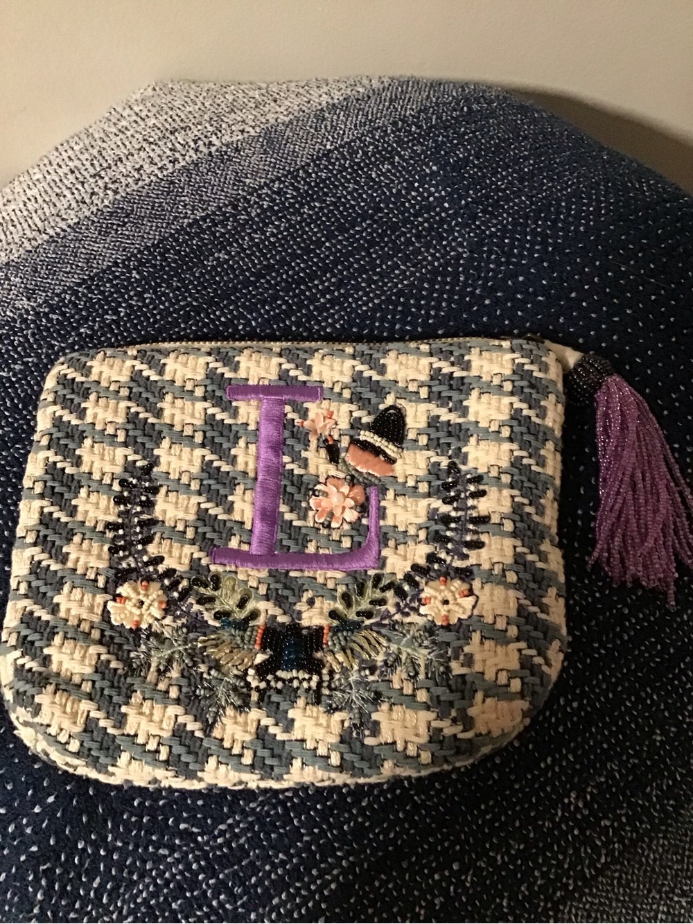 Monogrammed Blue & White Woven Cosmetic Pouch with Purple Tassel